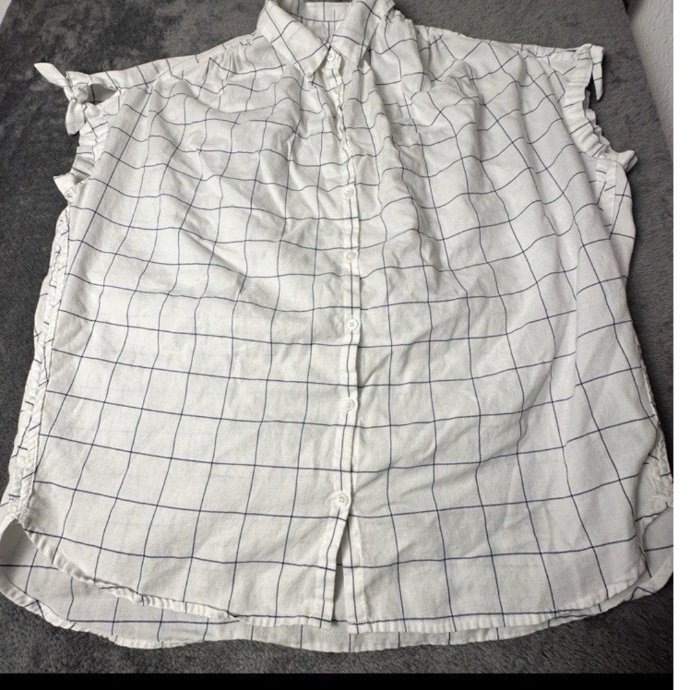 Madewell Top Blouse Oversize White Cotton Tie-Sleeve Collar ButtonUp Windowpane